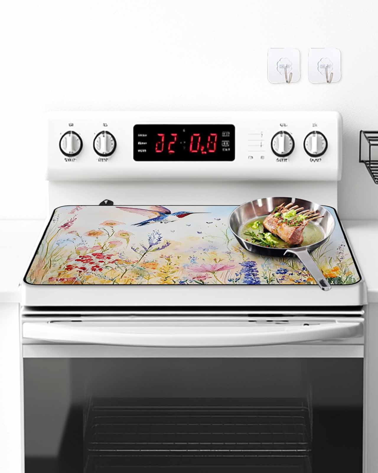 Stove Top Covers for Electric Stove, Spring Hummingbird Floral Glass Stovetop Cover Protector, Farmhouse Flower Botanical Induction Cooktop Protector Oven Mat for Kitchen Countertop 24"x21"
