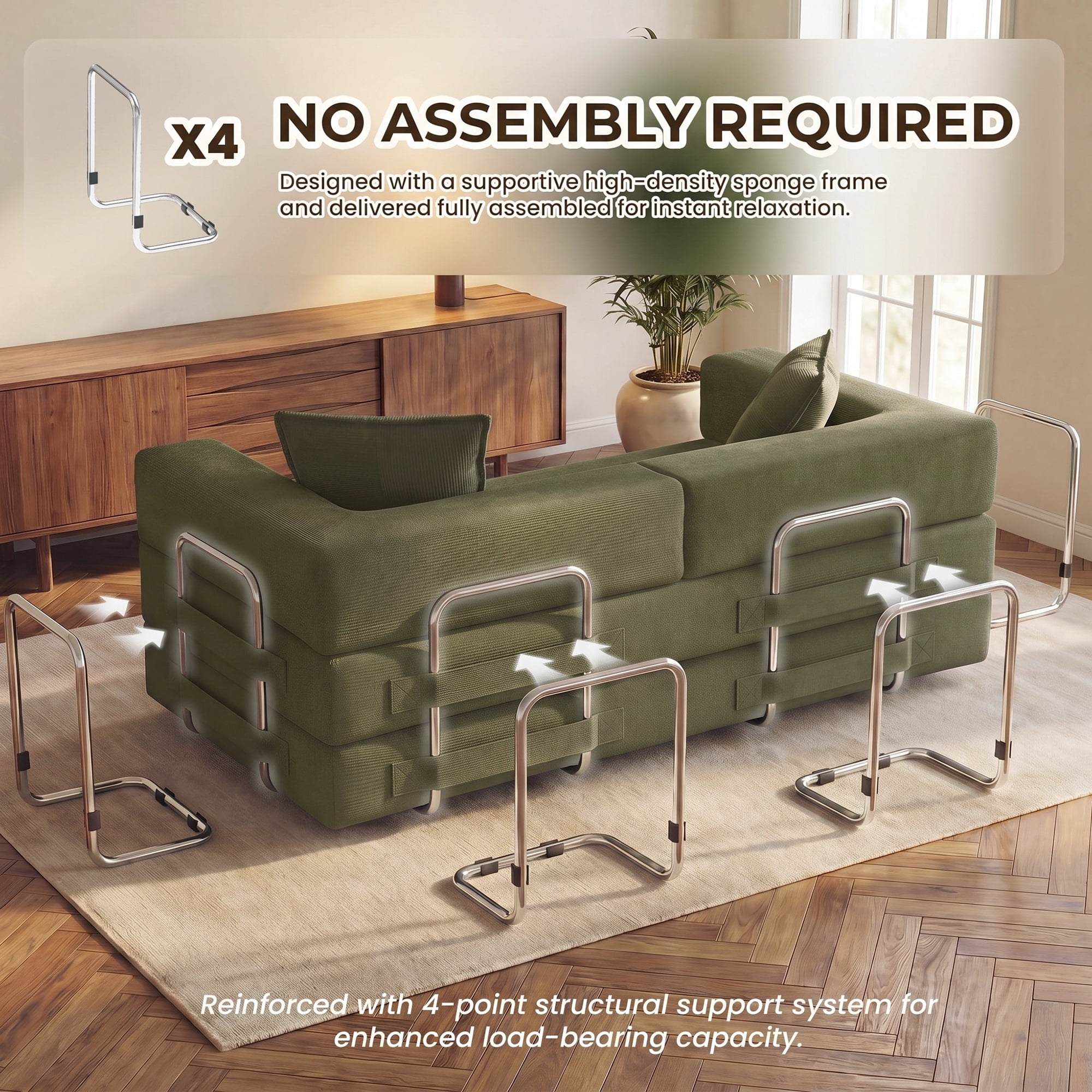 Aukfa 79" Convertible Futon Sofa Bed with Fixed Frame, 5-in-1 Boneless Couch for Living Room, Corduroy, Green