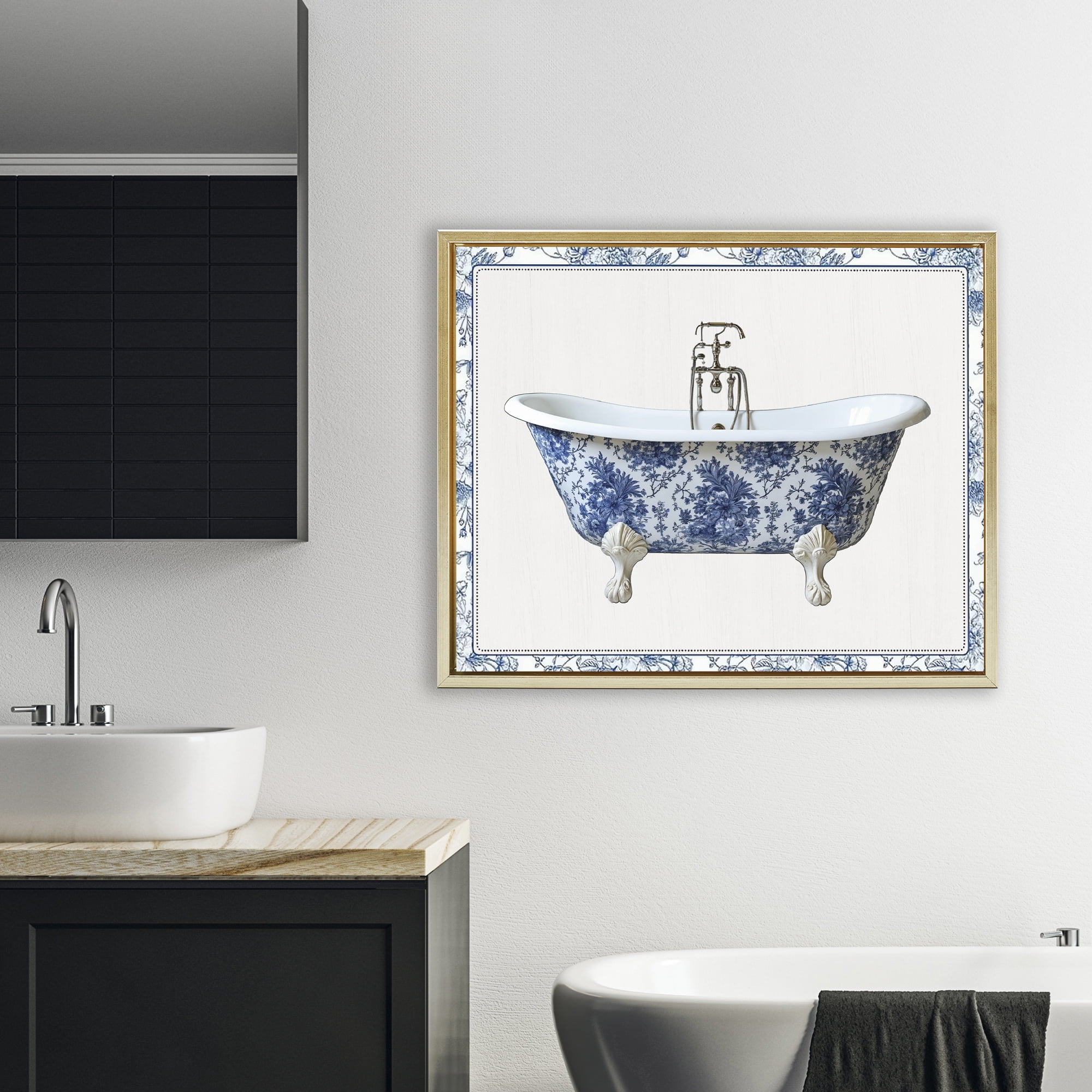 Vintage Chinoiserie Bathtub Gold Framed Floater Canvas Wall Art, design by Lettered and Lined