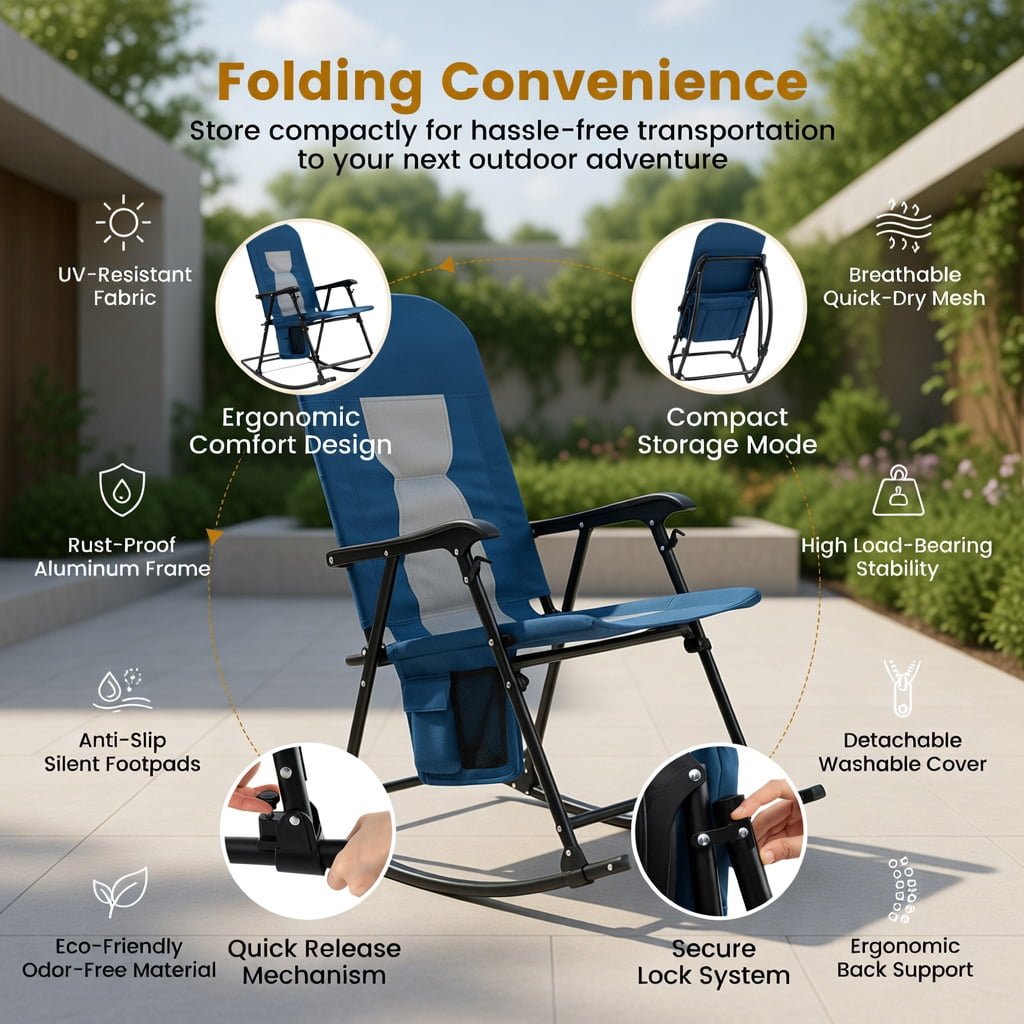 Hommoo Premium Foldable Rocking Camping Chair with Padded Backrest, Armrests, Cup Holder & Side Pocket, Outdoor Patio Chair, Navy