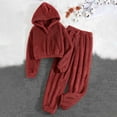 thumbnail image 2 of Jinhomg Womens Fuzzy Pajamas Set 2 Piece Winter Warm Sleepwear Soft Cozy Long Sleeve Cropped Hoodies and Pants Wine M, 2 of 5