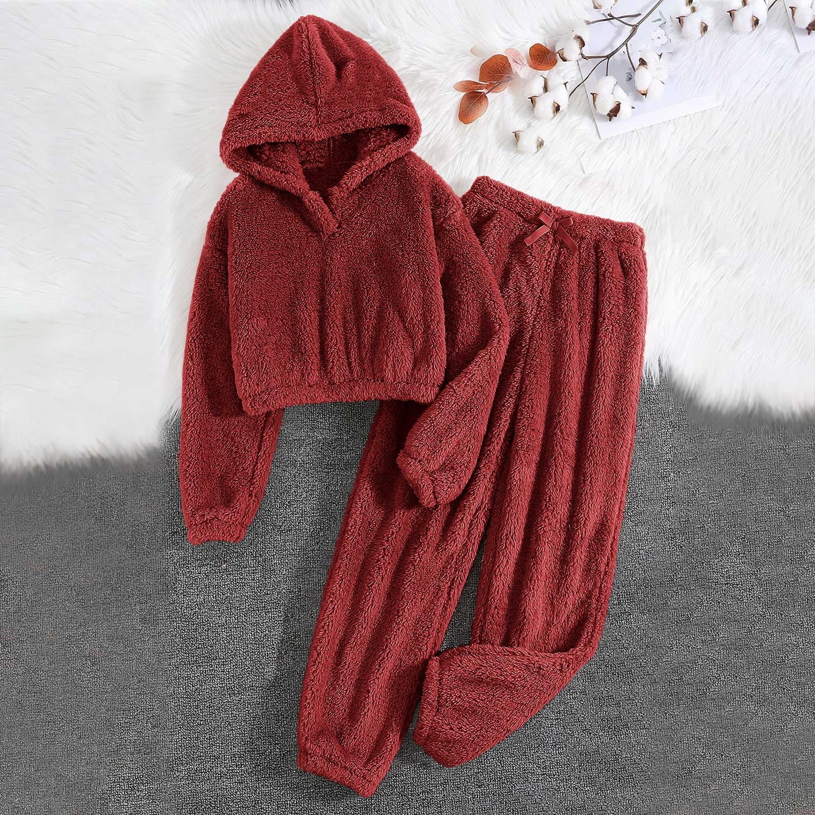 Mefallenssiah Women S Pajamas Set Fleece Pants Loose Hooded Plush Sleepwear 2 Piece Pjs Set Warm Loungewear