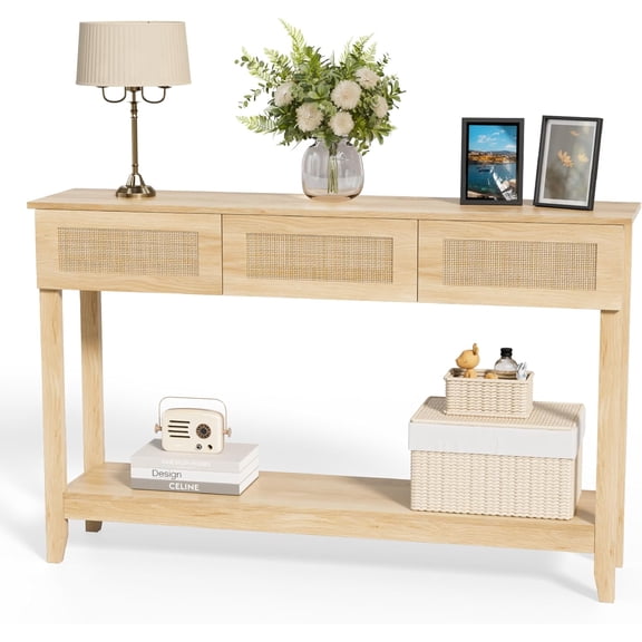 51" Console Table with Drawers, Rattan Entryway Table with Storage Shelf, Narrow Sofa Table, Boho Hallway Table for Living Room, Entrance, Foyer, Behind Couch, Natural Rattan