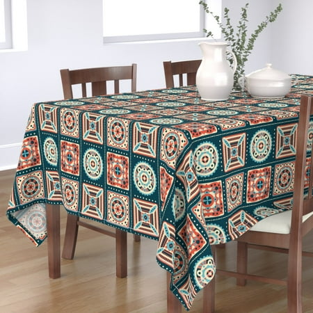 

Cotton Sateen Tablecloth 90 Square - Quilting Squares Simple Tiles Teal Blue Rust Red Fall Print Custom Table Linens by Spoonflower