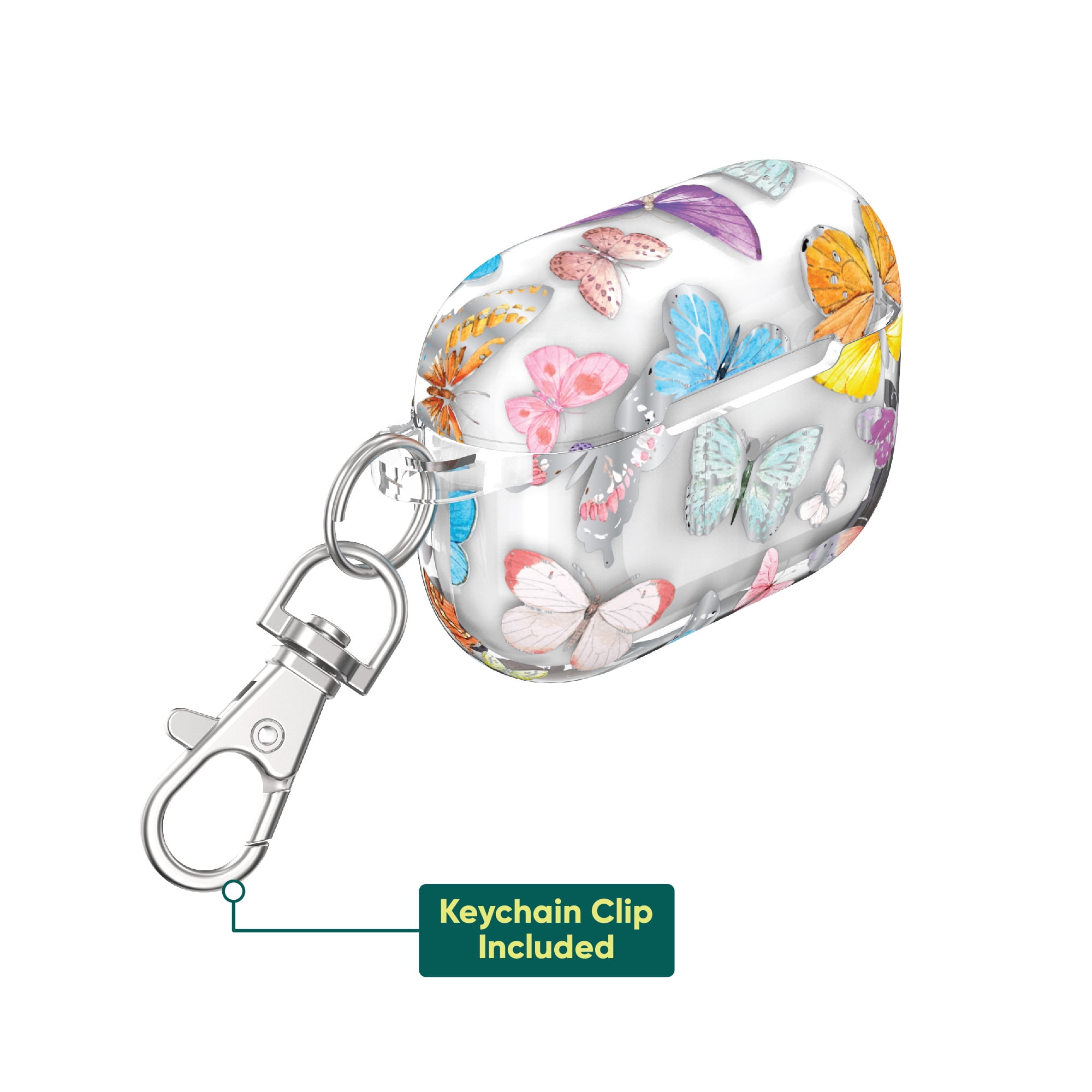 onn. Charging Case Cover with Keychain Clip for Apple AirPods Pro (1st, 2nd generation) - Multicolored Butterflies
