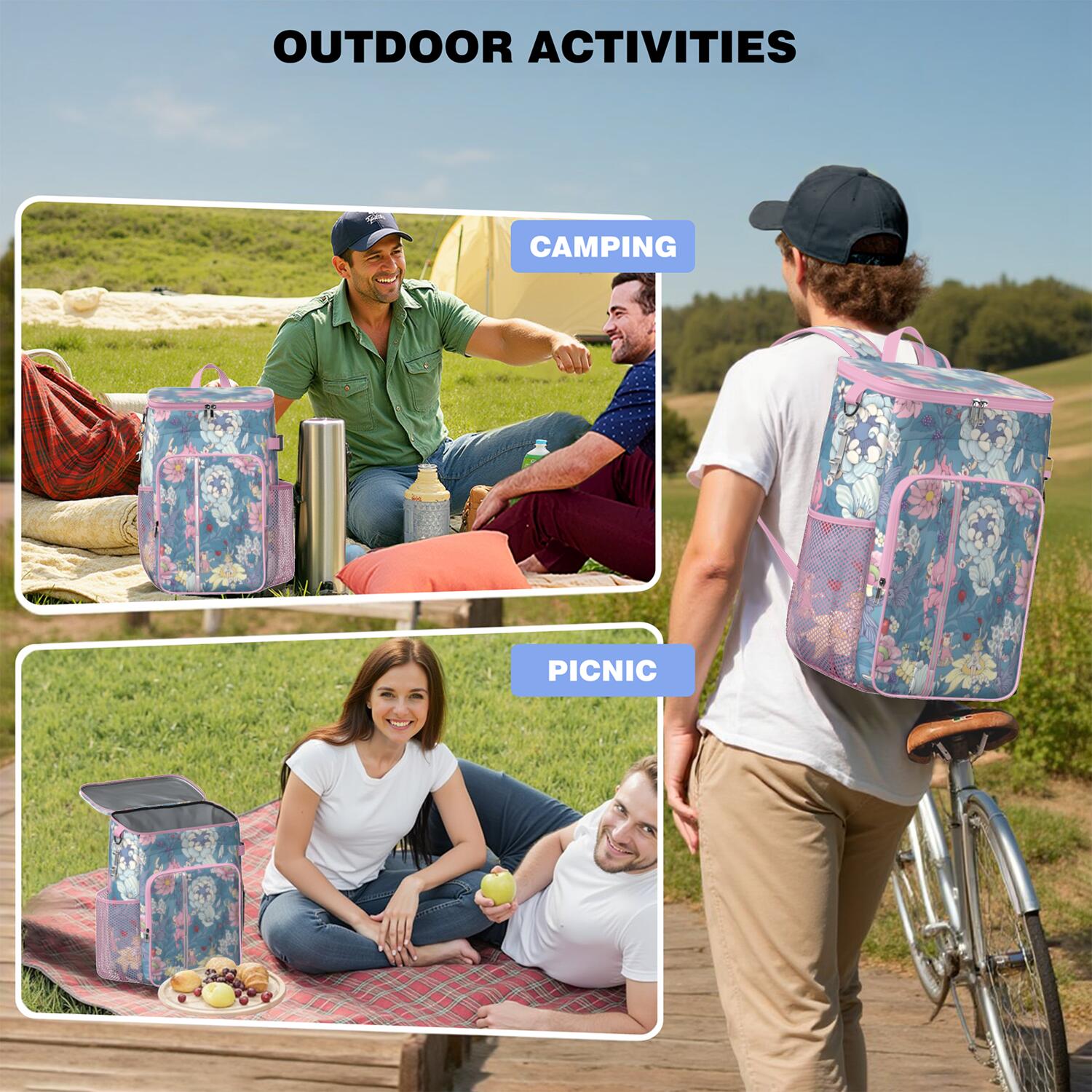 Travel Cooler Bag - Pioneer Flower Floral Print Pattern Camping Beer Cooler Backpack with Bottle Opener- Waterproof Insulated Picnic Backpacks - Cooler Bag for Beach