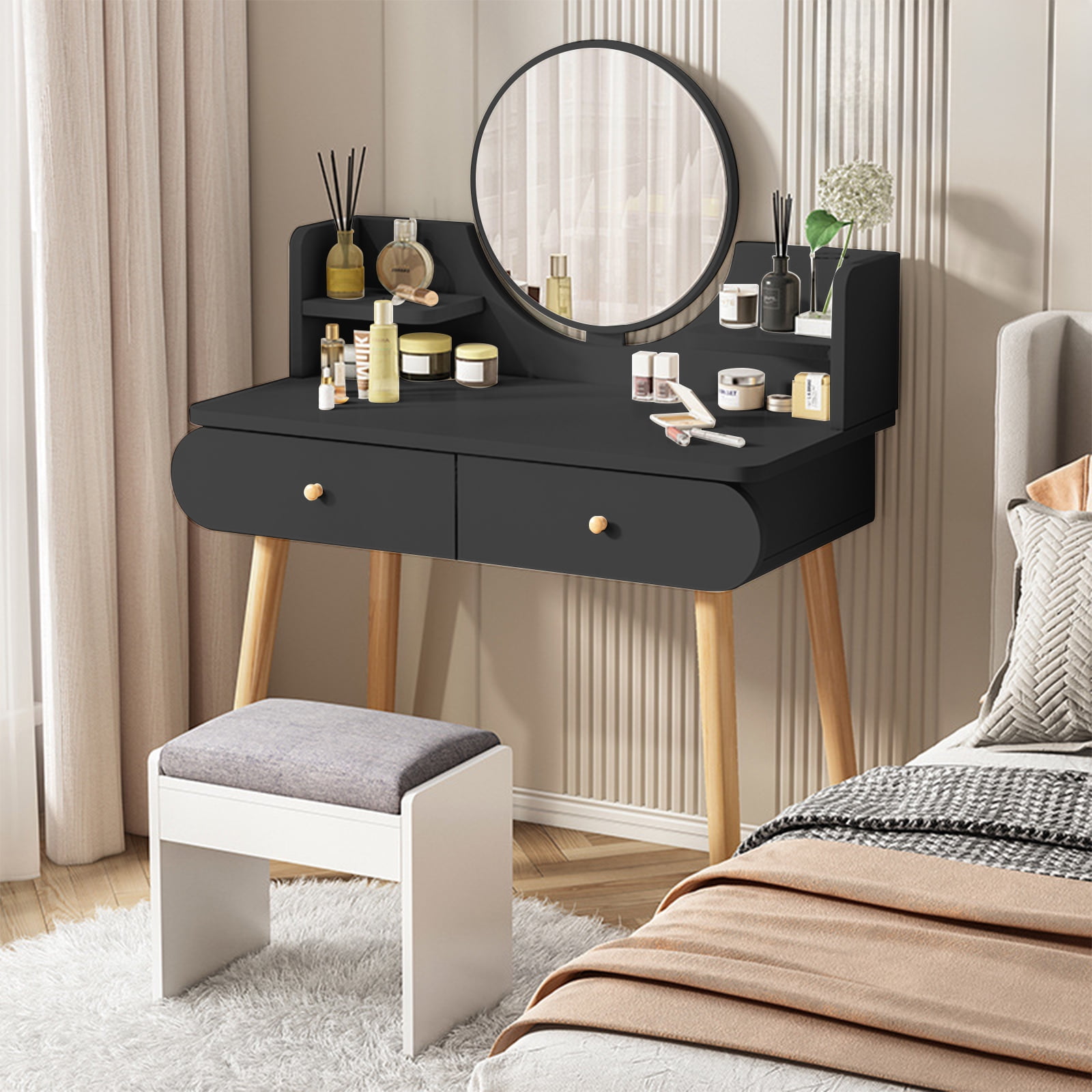 Hurber Vanity Table Set with Mirror, Modern Makeup Vanity Dressing Desk with 2 Drawers & 2 Shelves ,Black (Without Stool)