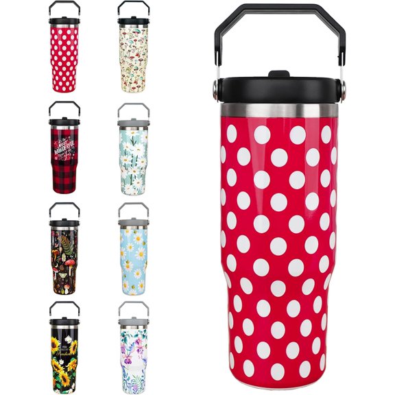 Stainless Steel 30oz Polka Dot Travel Mug, Vacuum Insulated Tumbler with Handle and Straw, Spill Proof Coffee Mug, Gifts for Women