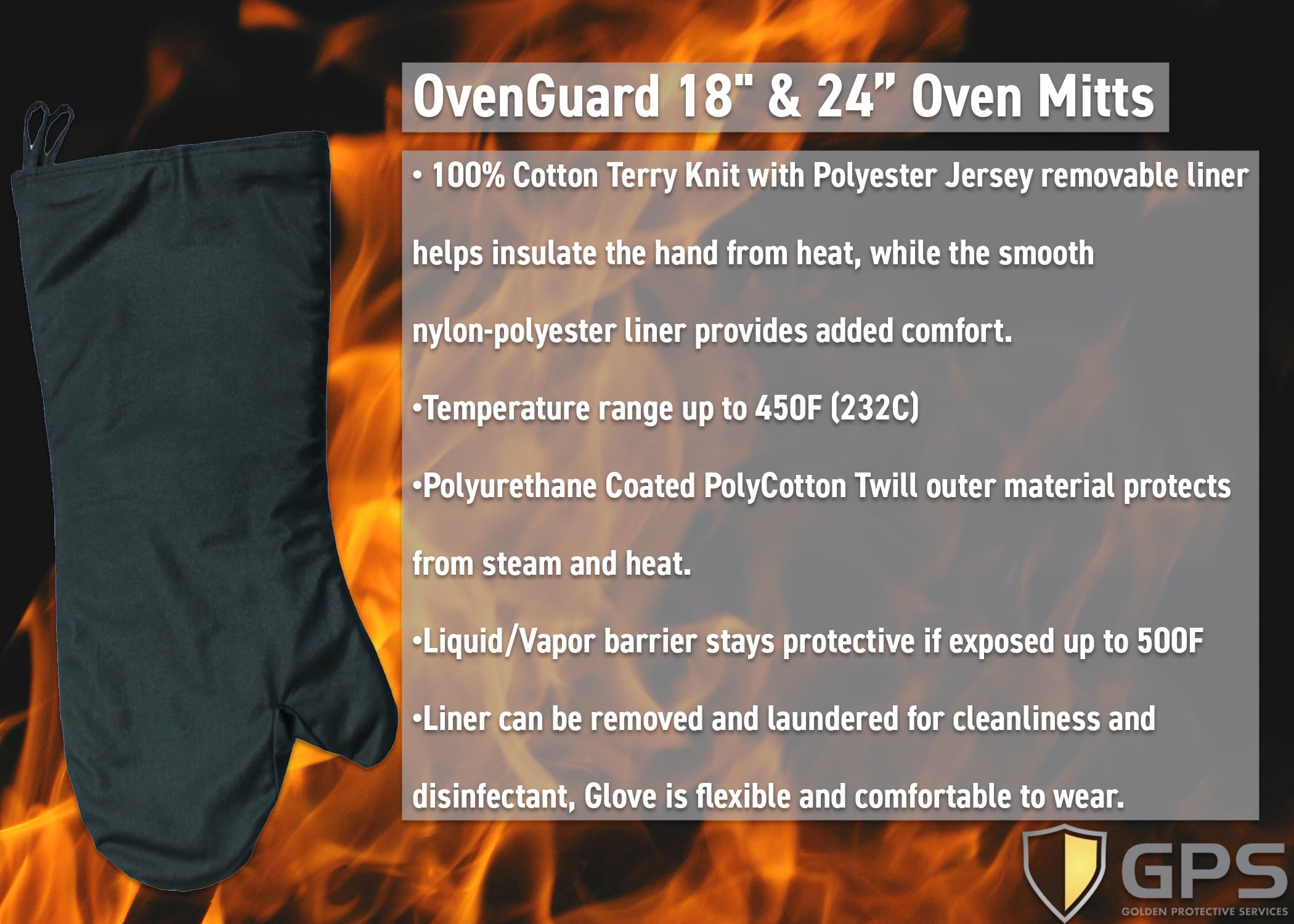 OvenGuard 15" Oven Mitts, Burn & Steam Protection, 500 Degree Temp Rating, Black, Rough Finish on Hand for Grip, Sold by Pair