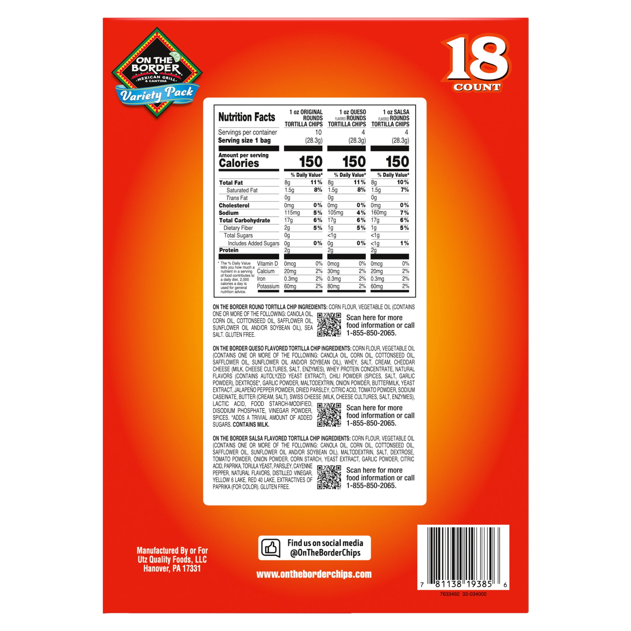 On The Border Tortilla Chips Rounds Variety Pack, 1 oz, 18 Count Box