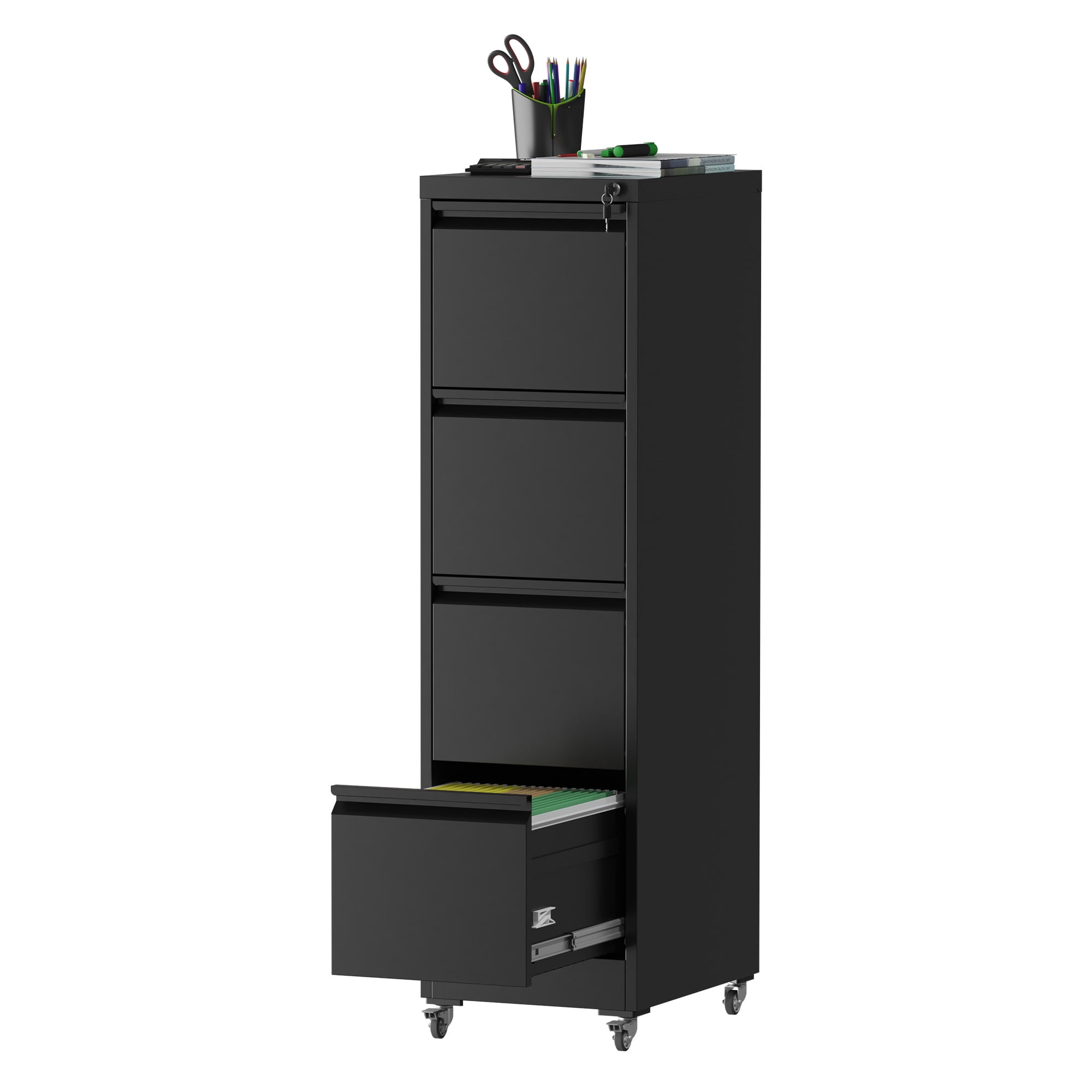 4 Drawer Metal Locking Vertical File Cabinet on Wheels, Heavy-Duty Lockable Cabinet for Home & Office, Black, 17.71"D*15.16"W*52.28"H, Black