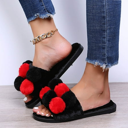 

〖Yilirongyumm〗 Black 41 Slippers For Women Ladies Fashion Colorblock Colorful Fluff Ball Open Toe Comfortable Flat Cotton Slippers