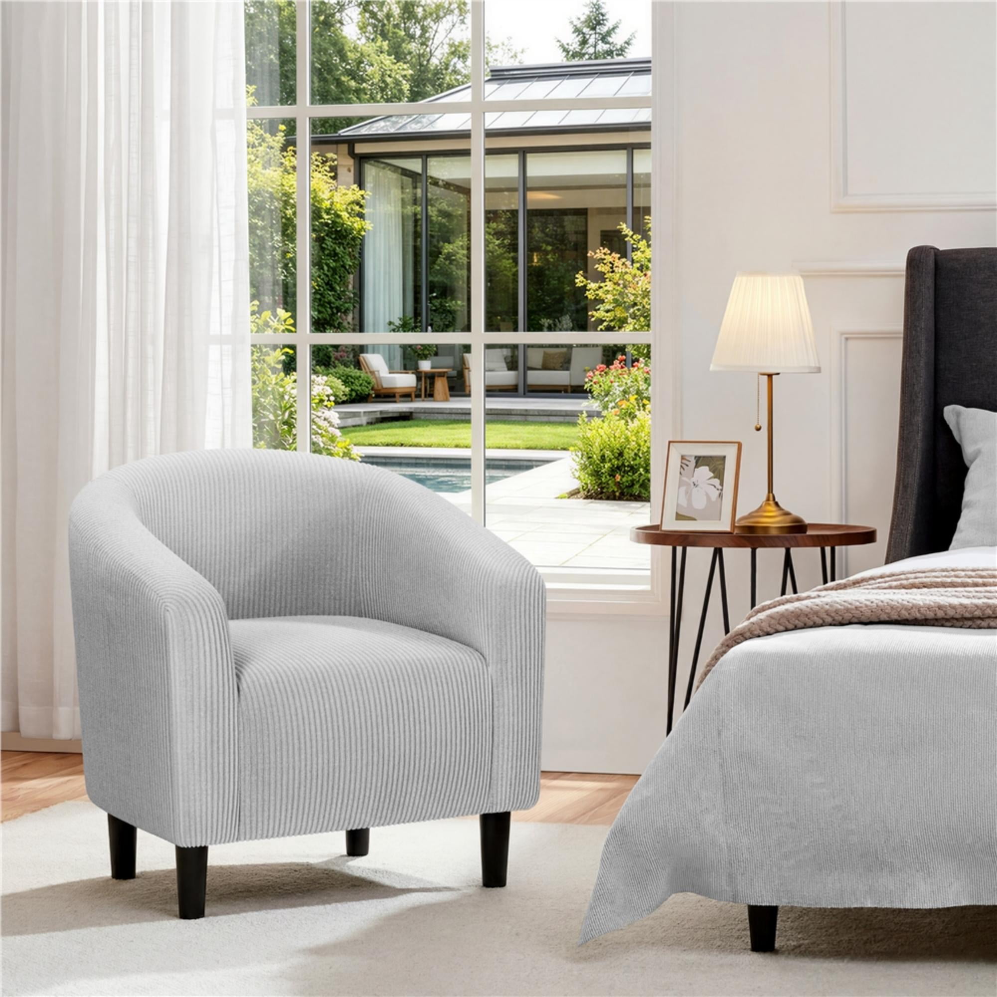 Renwick Corduroy Fabric Accent Barrel Chair with Elastic Foam Fills, Light Gray