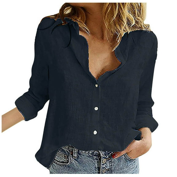Summer Tops, Women'S Loose Blouses Casual Solid Lapel V Neck Long Sleeve Button Down Linen Shirt Lightweight Tops Womens T Shirts Ribbed Tops For Women Tshirts Tops Shirt (L, Black) ZMTing