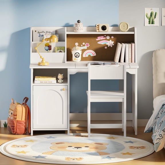 Treocho Kids Desk and Chair Set 41.3", Tiltable Desktop, Corkboard, Ages 5-12, White