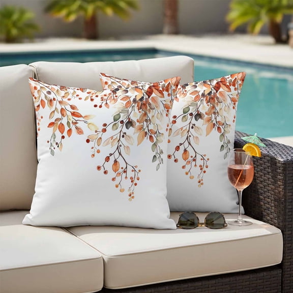 Fall Leaves Outdoor Pillow Covers 26x26 Inch Throw Pillow Covers Set of 2 Waterproof Decorative Pillow Cases Farmhouse Orange Eucalyptus Leaf Floral Cushion Covers for Patio Furniture Garden Couch