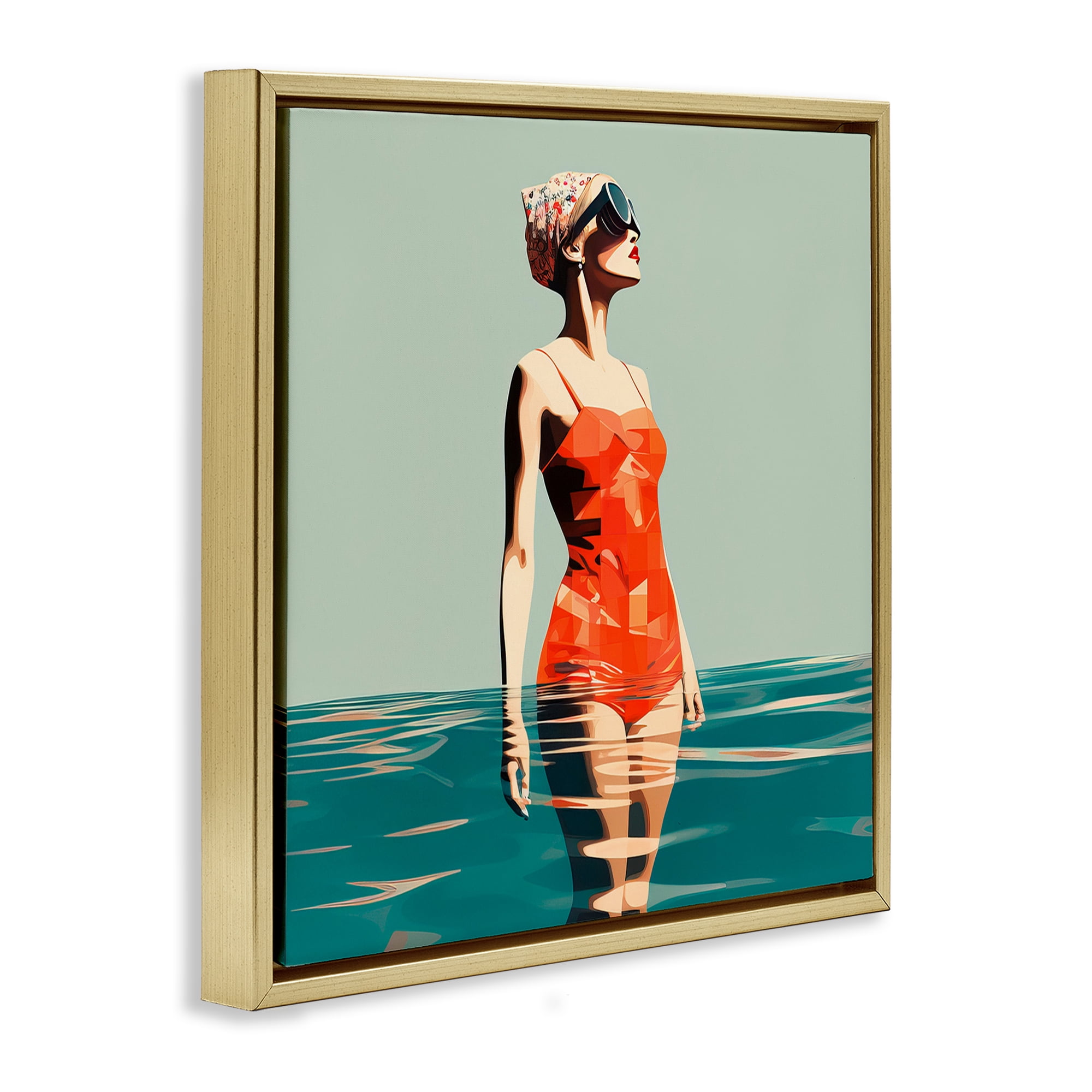 Stupell Industries Retro Woman in Swimsuit Novelty Painting Gold Floater Framed Canvas Art Print Wall Art, 18 x 18