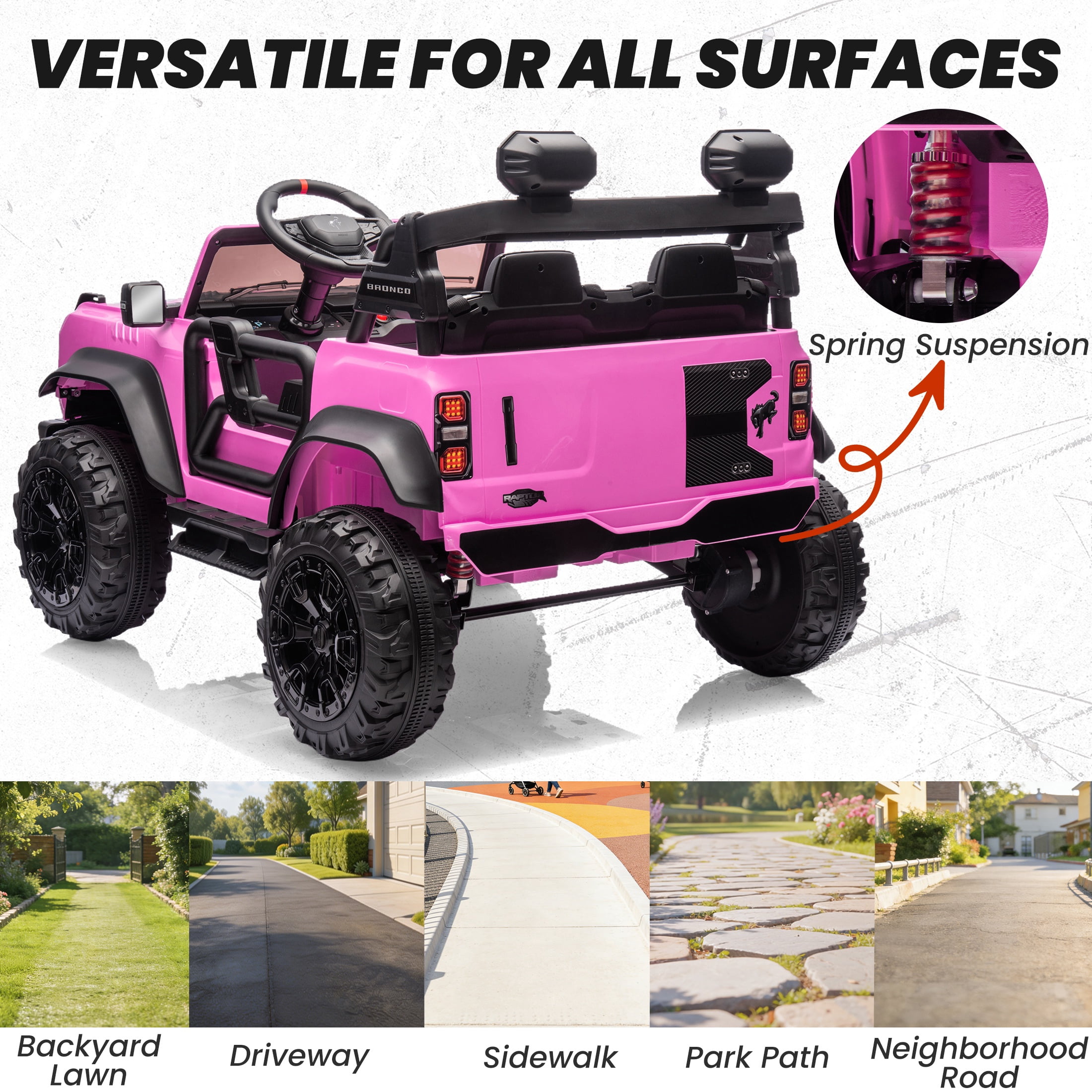 iYofe 24V 2 Seater Ford Bronco Raptor Powered Ride on Car with Remote Control, 4 Wheels Suspension, Ages 3-8, Pink