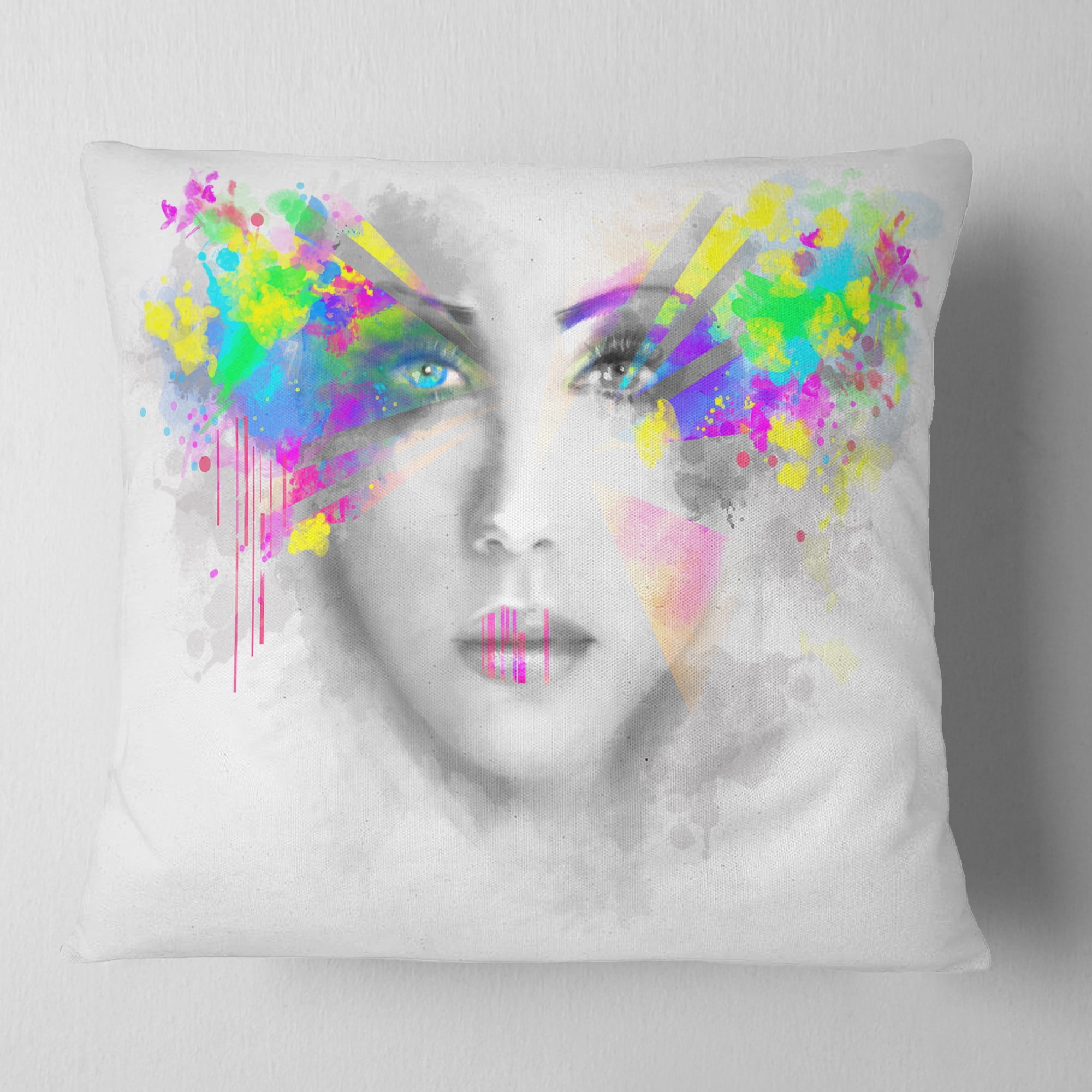 Designart Gray Woman with Green Flowers - Abstract Portrait Throw Pillow - 16x16