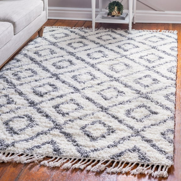 Unique Loom Hygge Shag Collection Area Rug - Diamond (8' x 10' Rectangle Ivory/Gray)