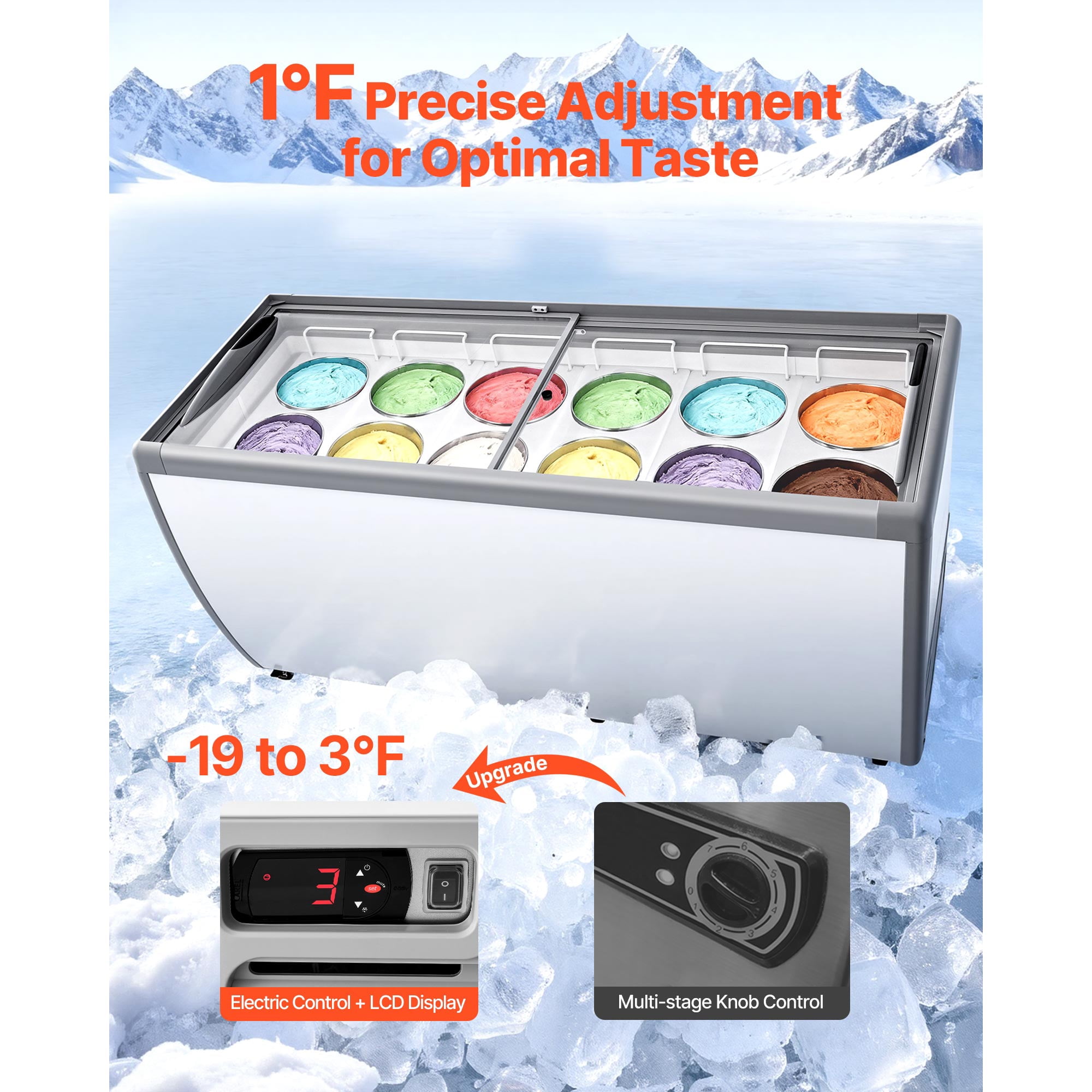 KFFKFF Commercial Ice Cream Display Freezer, 20 Cu.ft Capacity Chest Freezer, Gelato Dipping Cabinet for Restaurants with Casters, Sliding Glass Door, LED Lights, Holds 12 Ice Cream Containers