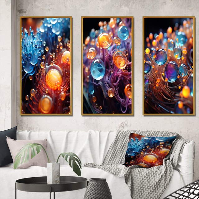 Designart "Macro Molecules 3D Photography II" Abstract Shapes Framed Wall Art Set Of 3 - Gold Transitional Frame Canvas Set For Living Room Decor