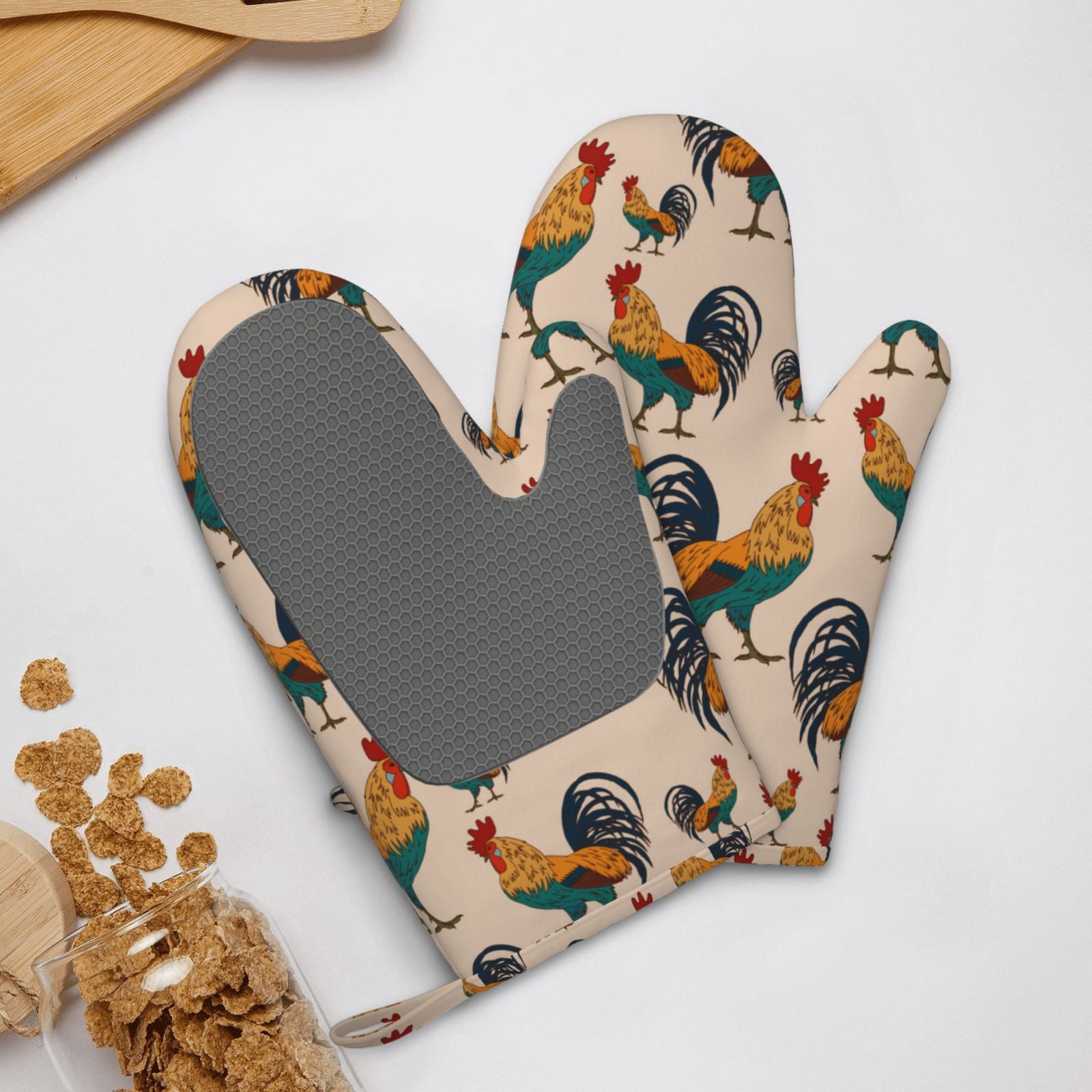 Hirioo Rooster for Silicone Oven Mitts for BBQ, Baking, Cooking, Set of 2, Heat Resistant 260℃, Non-Slip Kitchen Essentials