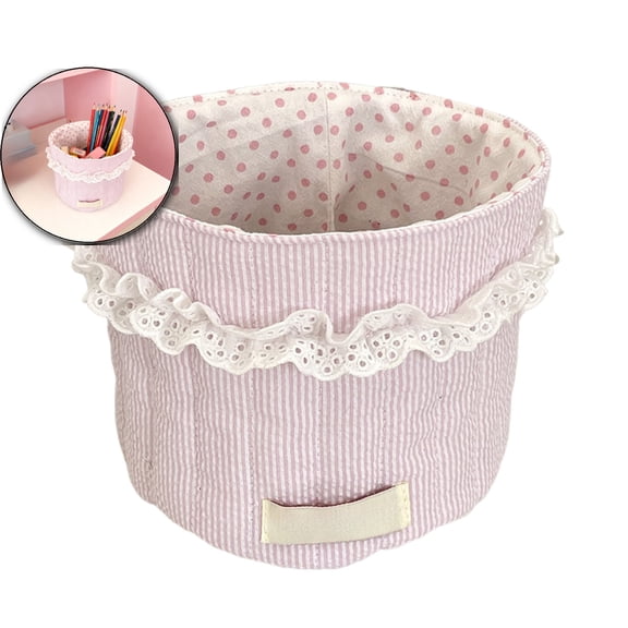 Decorative Desktop Storage Basket, Quilted Fabric with Lace Trim, Polka Dot Interior Lining, 5.51x5.9 Inches, Office Organizer for Stationery, Makeup, Small Items