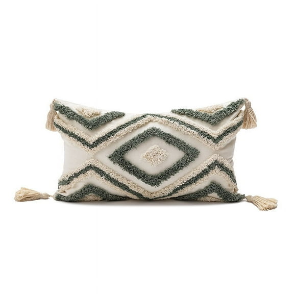 Nvzi Boho Tufted Decorative Throw Pillow Cover, Cozy Bohemian Cotton Canvas Cushion Cover Tassels Pillow Case Home Decor 11*19inch,Green