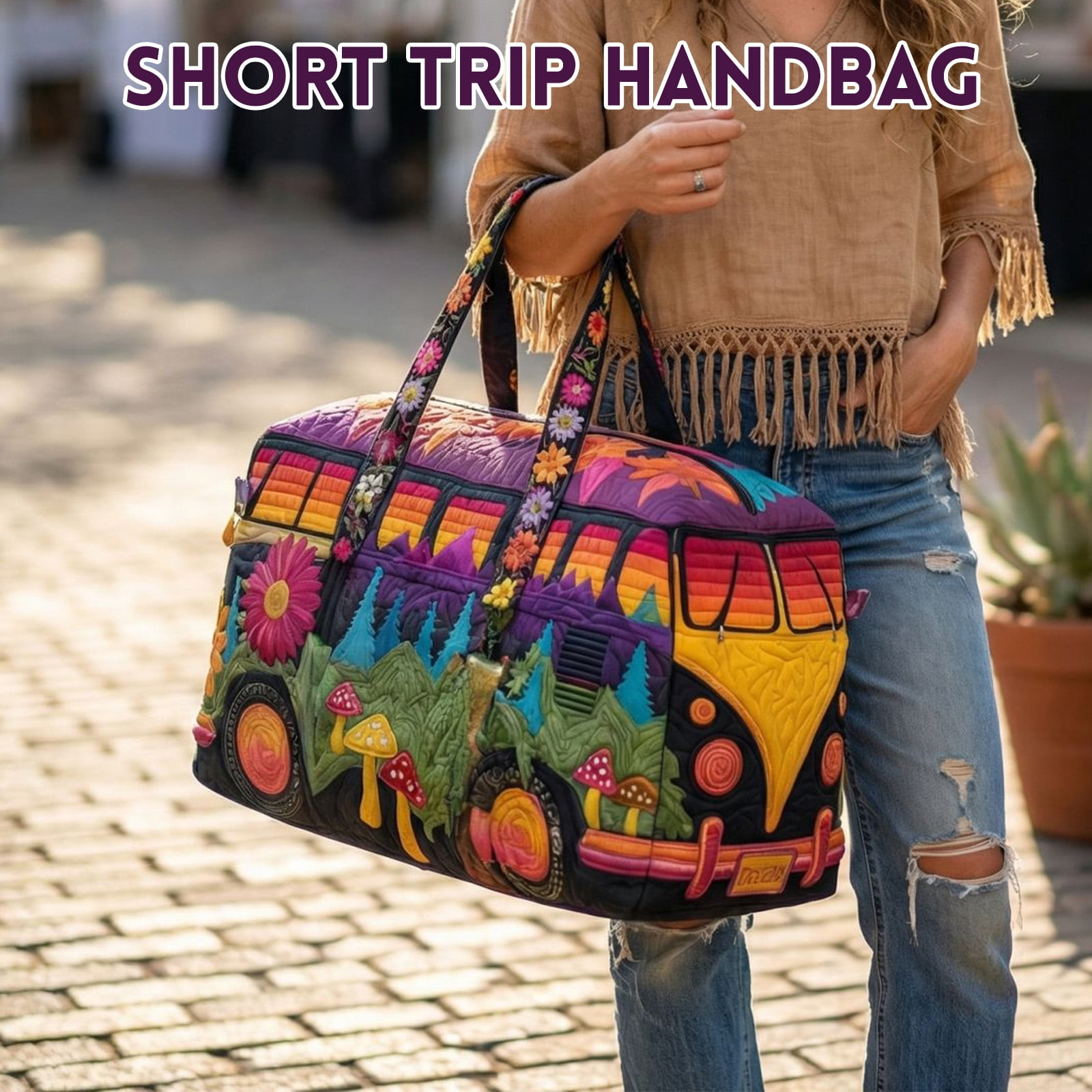 16x8x8 Inch Hippie Van Quilted Duffle Bag, Boho Travel Weekender Bag with Strap, Retro Style for Everyday Travel