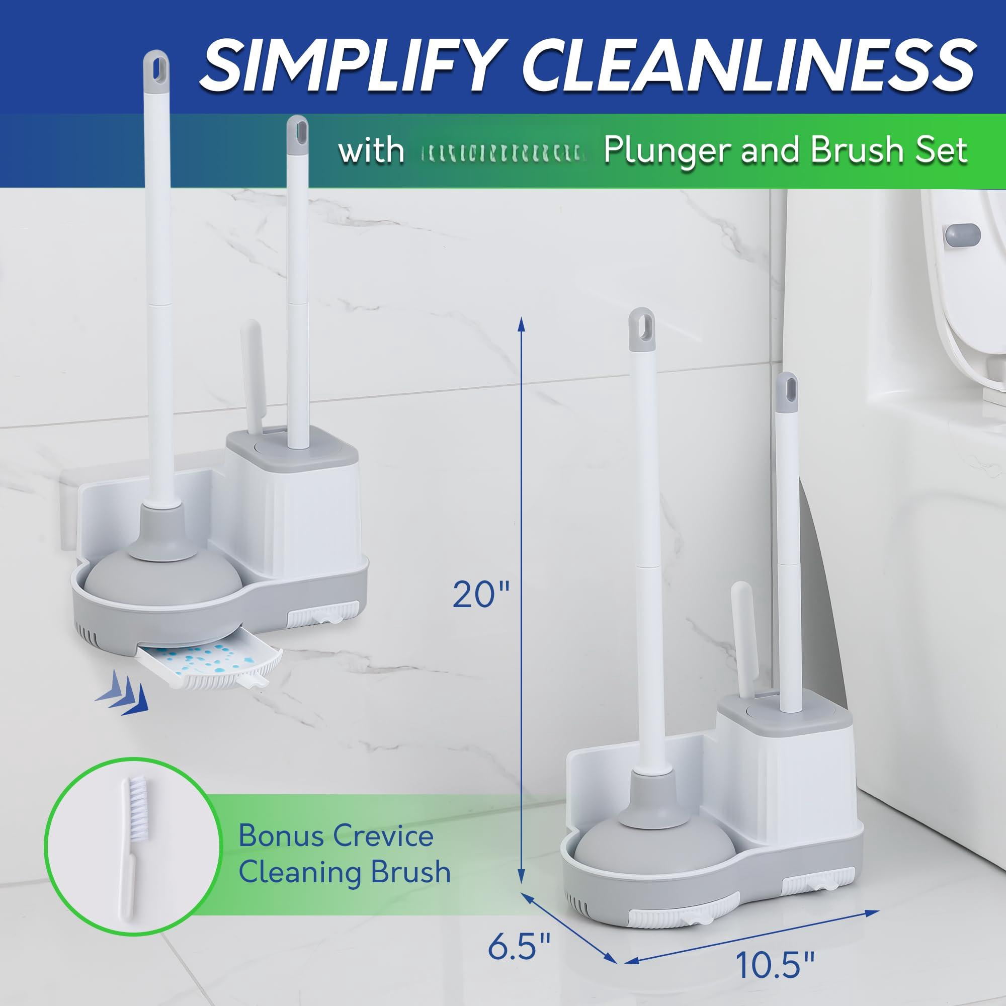 Toilet Brush And Plunger Set With Crevice Cleaning  White Combo Holder Bathroom Bowl Heavy Duty