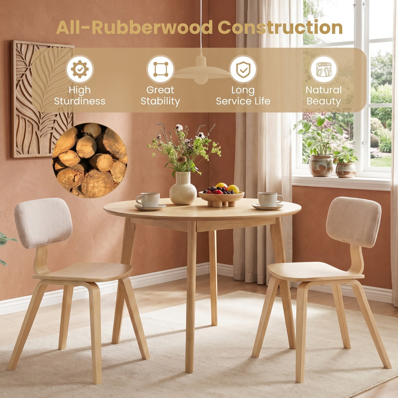 Furnibear Set of 2 Rubber Wood Dining Chairs with Teddy Velvet Padded Backrest, Upholstered Kitchen Side Chairs with Curved Back and Contoured Seat for Home, Natural