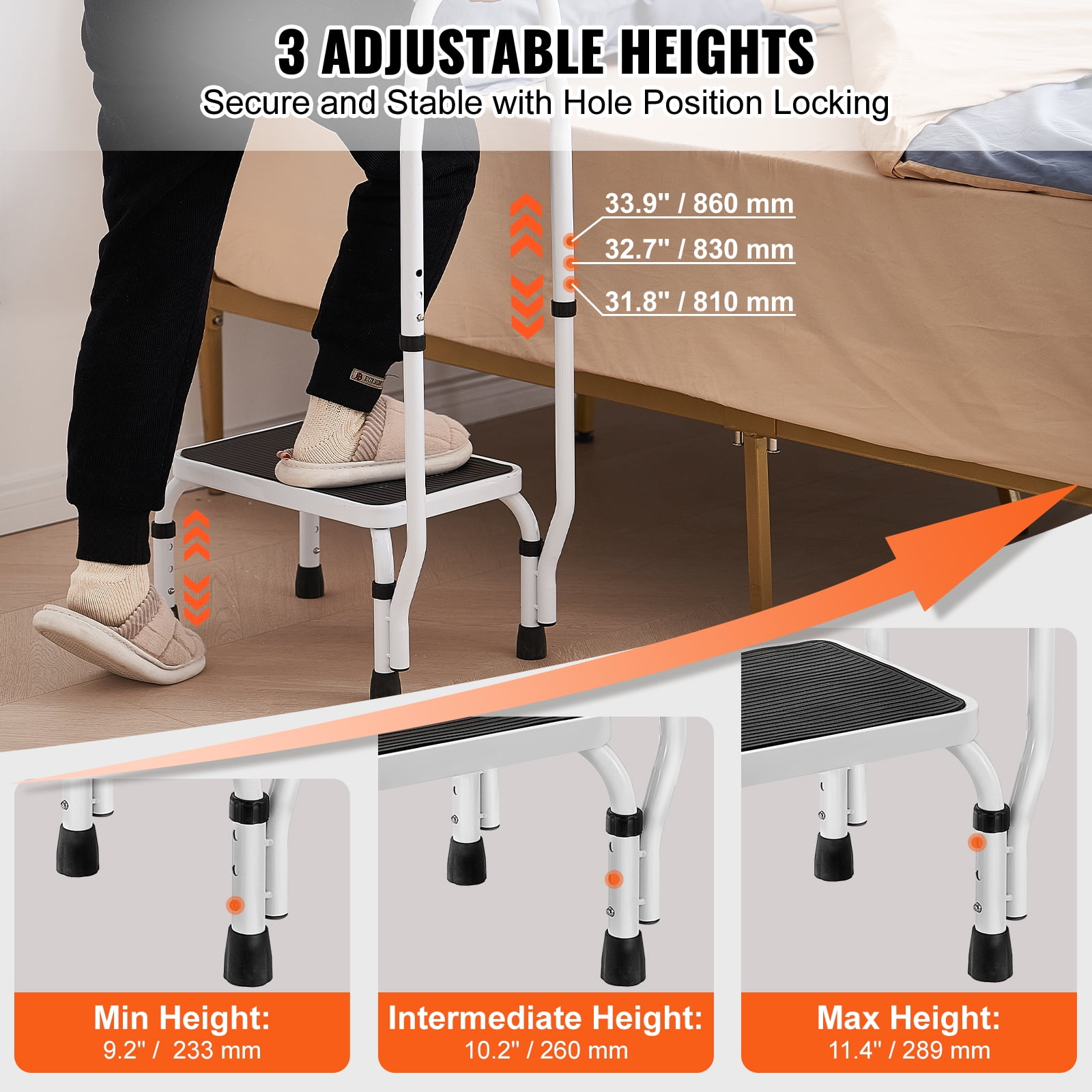 VEVOR Step Stool 1-Step 330lbs Capacity, 3 Adjustable Height with Handle Steel Step Ladder, Portable Step Stools for Adults, Non-Slip Sturdy Step Ladders for Office, RVs, Pets