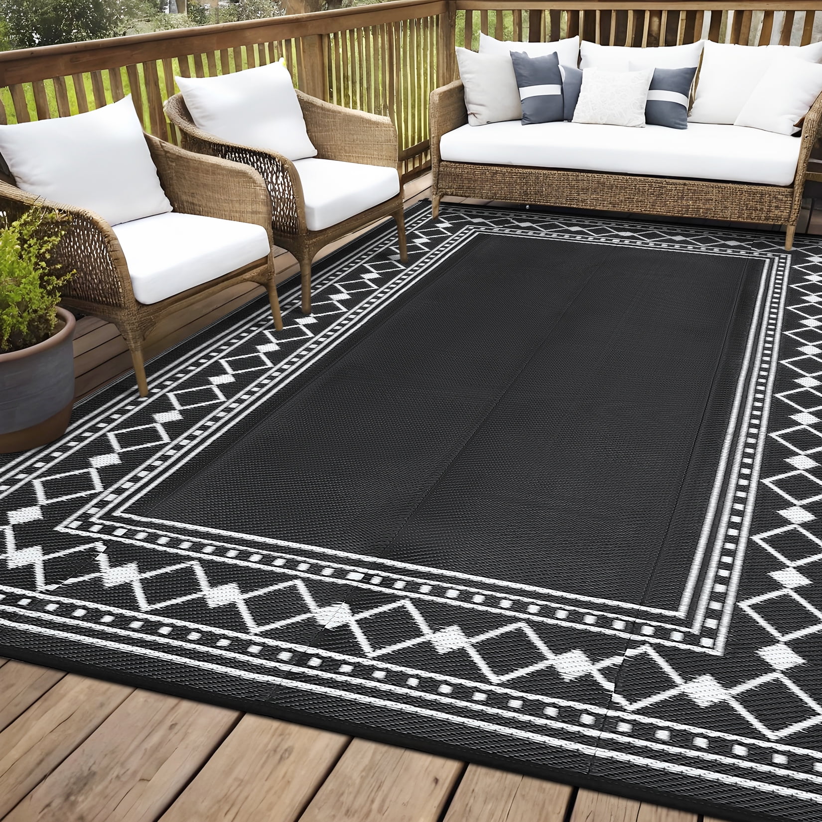 EliteEdge 8*10 Outdoor Rug - Waterproof Double-Sided Plastic Straw Rug, Modern Diamond Border Design P-Tube Outdoor Plastic Mat - Modern - Diamond Double Frame, Suitable for Patio, Camping, Balcony,