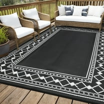 HOMERRY Geometric Border Outdoor Rug Straw Plastic Area Rug for Balcony Pool RV Waterproof Reversible Carpet, Black/White, 9'x 12'