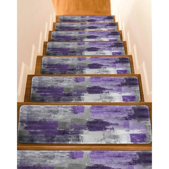 Purple Grey Stair Treads Non Slip Indoor for Wooden Steps, Abstract Art Oil Painting Modern Geometric 4 Pcs Stair Mats for Elders Dogs, 8 x 30 Inch Carpet Treads Runner Rugs for Staircase