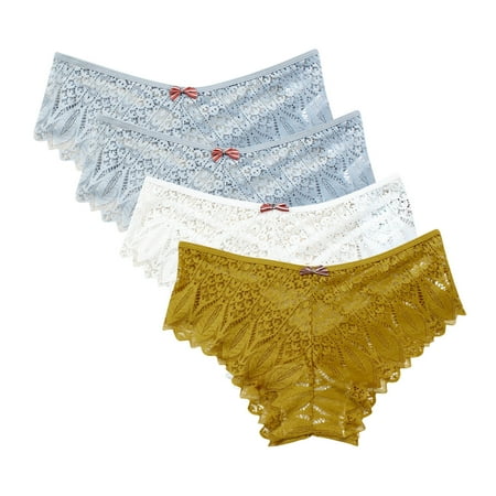 Women Underwear Cotton 4pc Panties for Women Lace Thong Lace Breathable Underwear Scallop Thongs Ladies Plus Size Underpant Briefs Womens Underwear High Waist Blue L