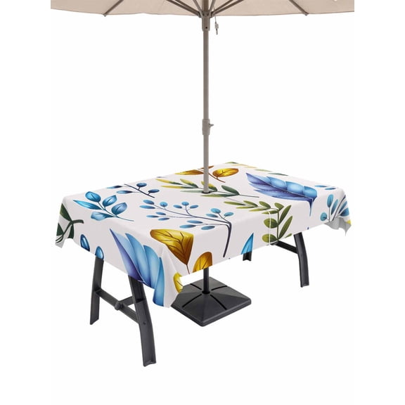 Watercolor Botanical Outdoor Tablecloth - 54x80 Inch Rectangle Dining Table Cover, Blue Yellow Leaves Floral Plants Spring Waterproof Outdoor Table Cloth with Umbrella Hole & Zipper for Picnic/Patio