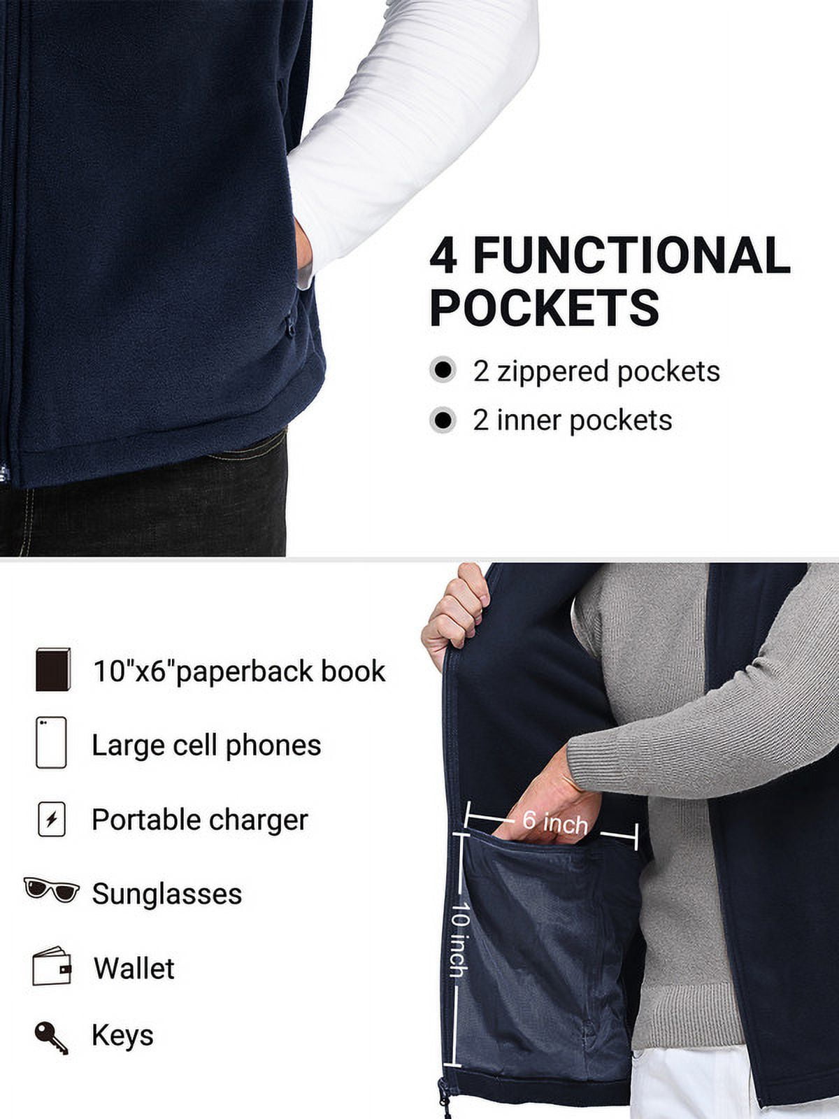Off Road Ventures Mens Fleece Vest Lightweight Outerwear Zip Up Golf Running Sleeveless Vest With Pockets for Hiking Travel
