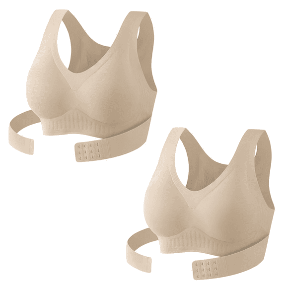 VISALY 2 Pack Posture Corrector Bra Front Closure Cross-Back Wireless Seamless Bra for Women Breathable No Underwire Support Full Coverage Push Up Bralettes Lift Bust Shaping Bra Beige L