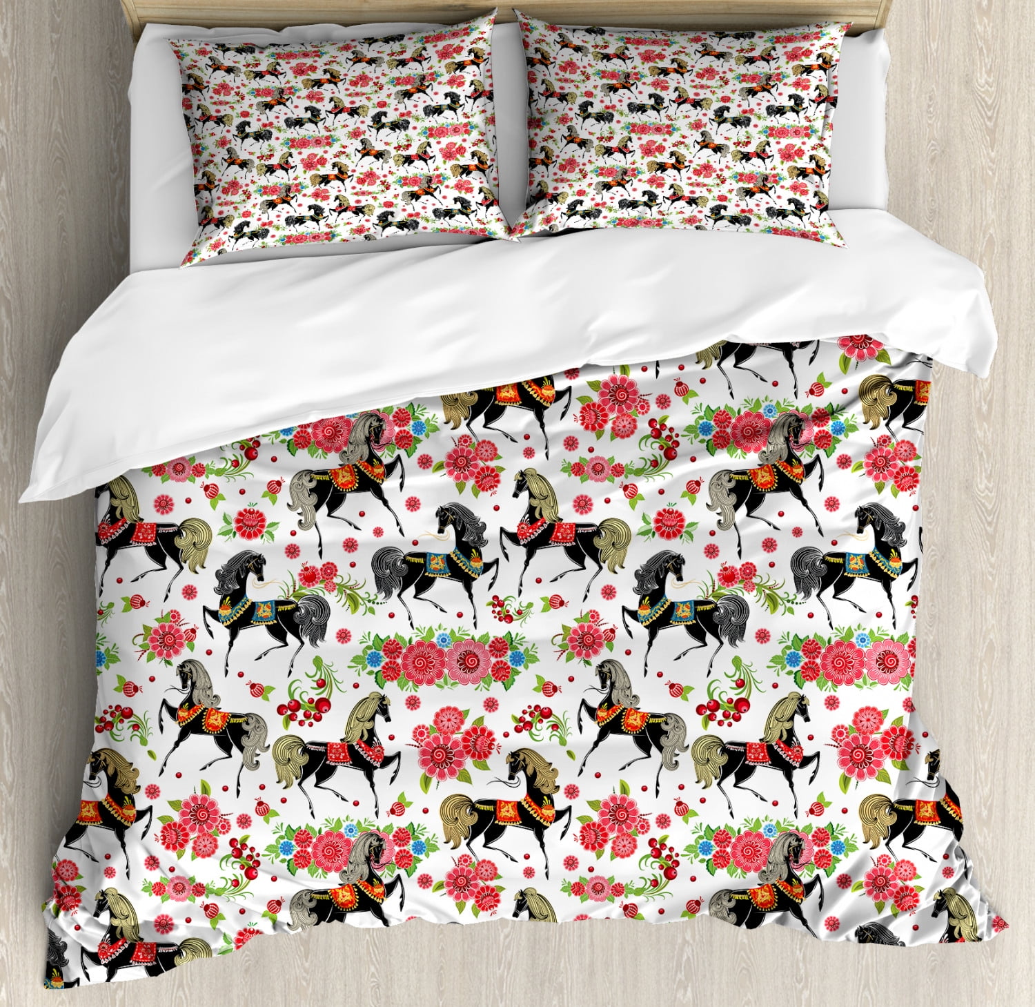 Horses Duvet Cover Set, Abstract Floral Arrangement and Silver Dapple