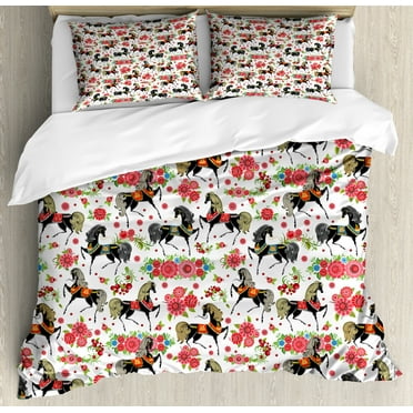 Horses Duvet Cover Set King Size, Abstract Floral Arrangement and Silver Dapple Stallions Vintage Animal Silhouettes, Decorative 3 Piece Bedding Set with 2 Pillow Shams, Multicolor, by Ambesonne