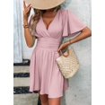 thumbnail image 6 of Dusty Pink Solid Cross Wrap Short Sleeve Ruffle Waist Pleated Mini Dress, 6 of 8