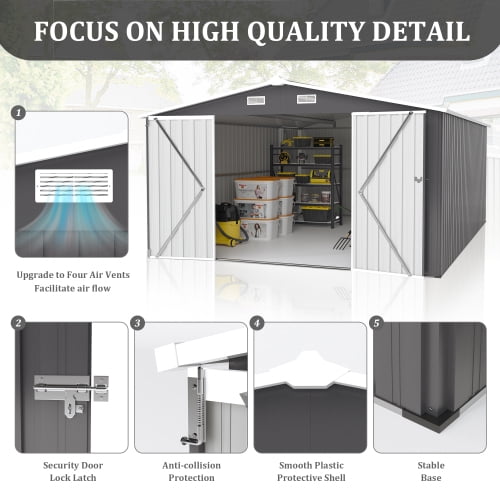 Villeston Outdoor Storage Shed 10×14 FT with 3 Lockable Doors,4 Vents,for Backyard Patio Lawn, Dark Grey