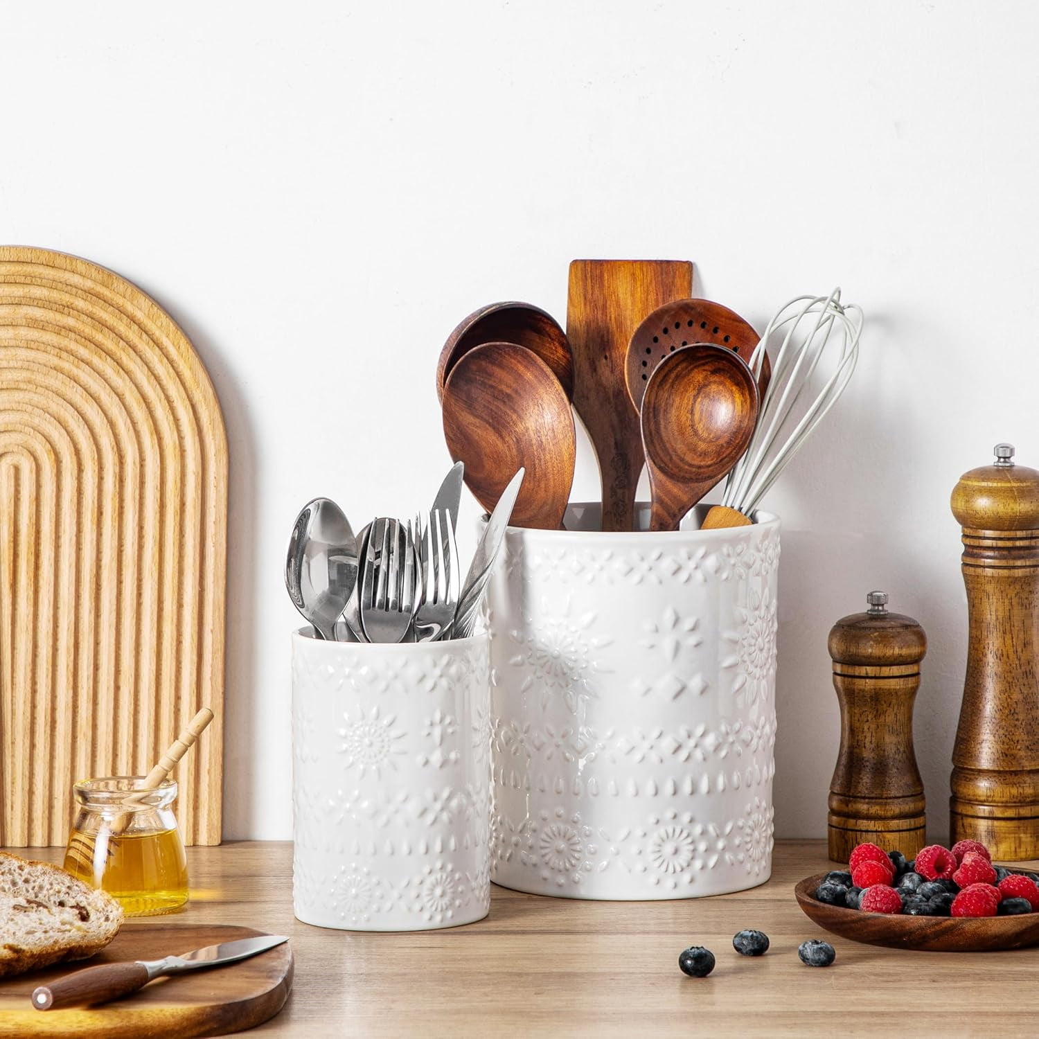 KitchenKey Utensil Holder, 7.2"+5.4" Ceramic Utensil Holder for Countertop, Large Cooking Utensil Crocks for Kitchen Counter, Farmhouse Utensil Vase for Housewarming, Kitchen Decor, Set of 2, Snow