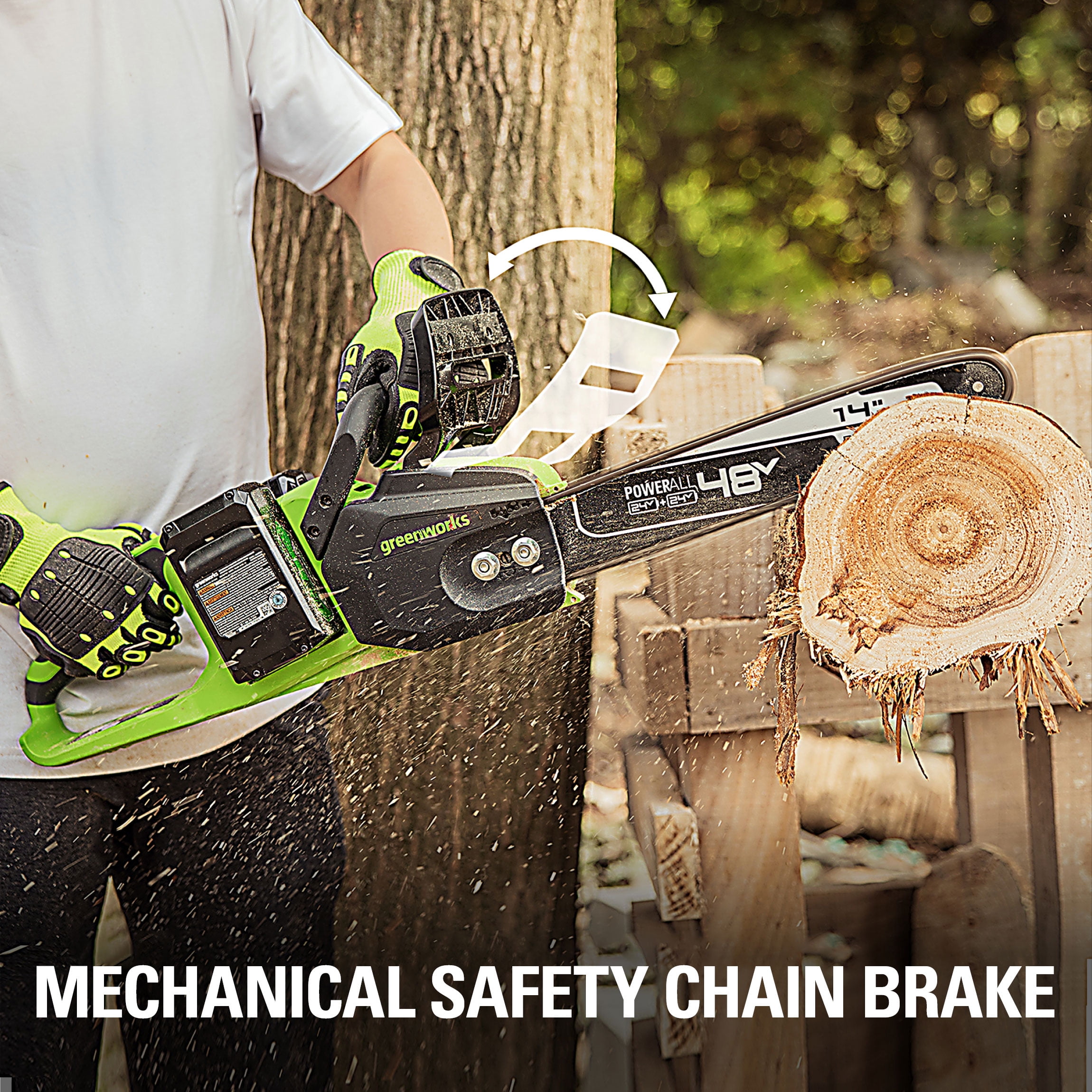 Greenworks 48V (24V x 2) Cordless 14-inch Brushless Chainsaw, with (2) 4Ah USB Batteries and Dual Port Charger, 2017902