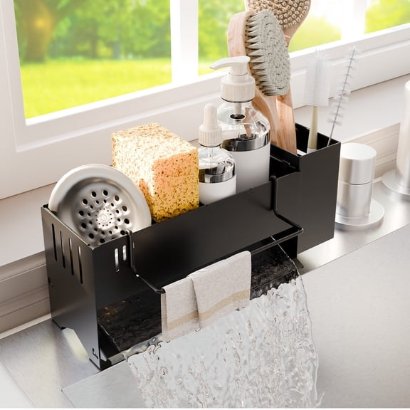 Sitlais Black Sponge Holder for Kitchen Sink, Metal Sink Caddy with Brush Holder, Drip Tray and Towel Bar
