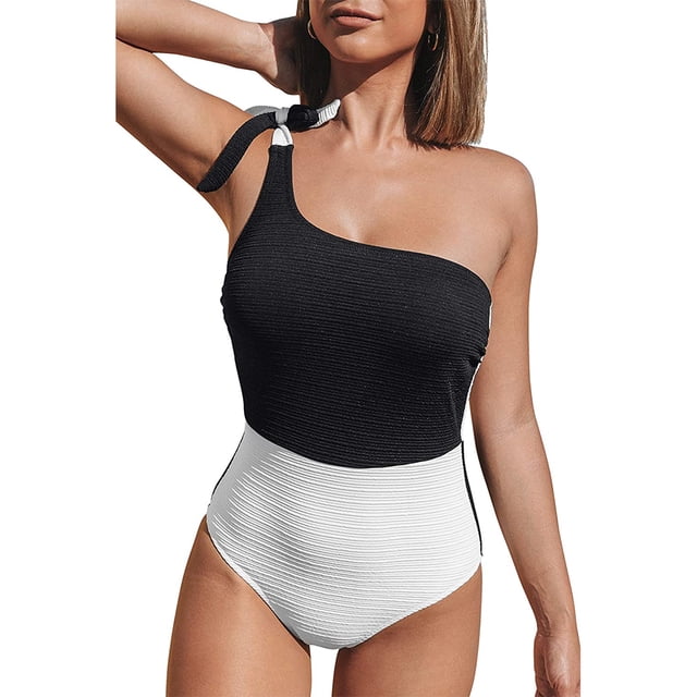 Traje de baño de una pieza para mujer, con bloques de color, un hombro, lazo y nudo