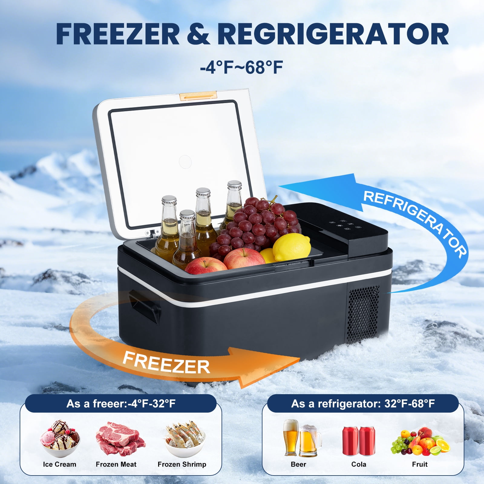 JIOABL 22QT Car Refrigerator, Portable Freezer with -4°F~68°F Adjustable Range, for Travel, Camping, Truck, 12V/24V DC