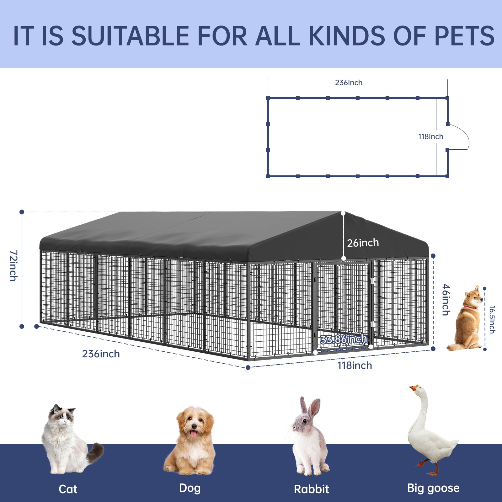 Large Outdoor Dog Run Enclosure, Heavy Duty Dog Cage with UV-Resistant Roof, Galvanized Steel Dog Kennel Fence with Dual Safety Locks(19.68'x 9.84')